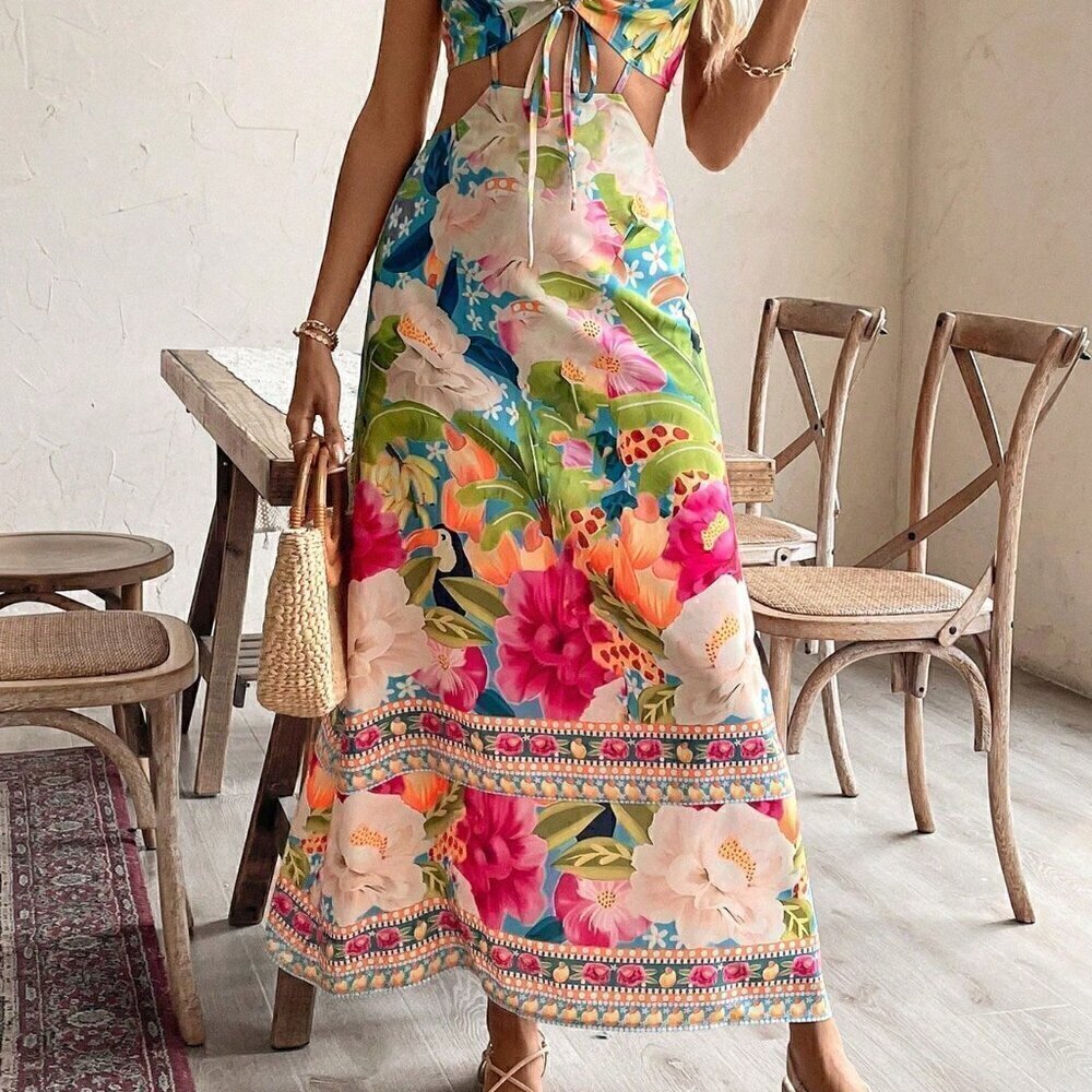 Multicolor Boho Women's Floral Print Hollow Out Backless Tie Strap Sundress - Picture 6 of 7